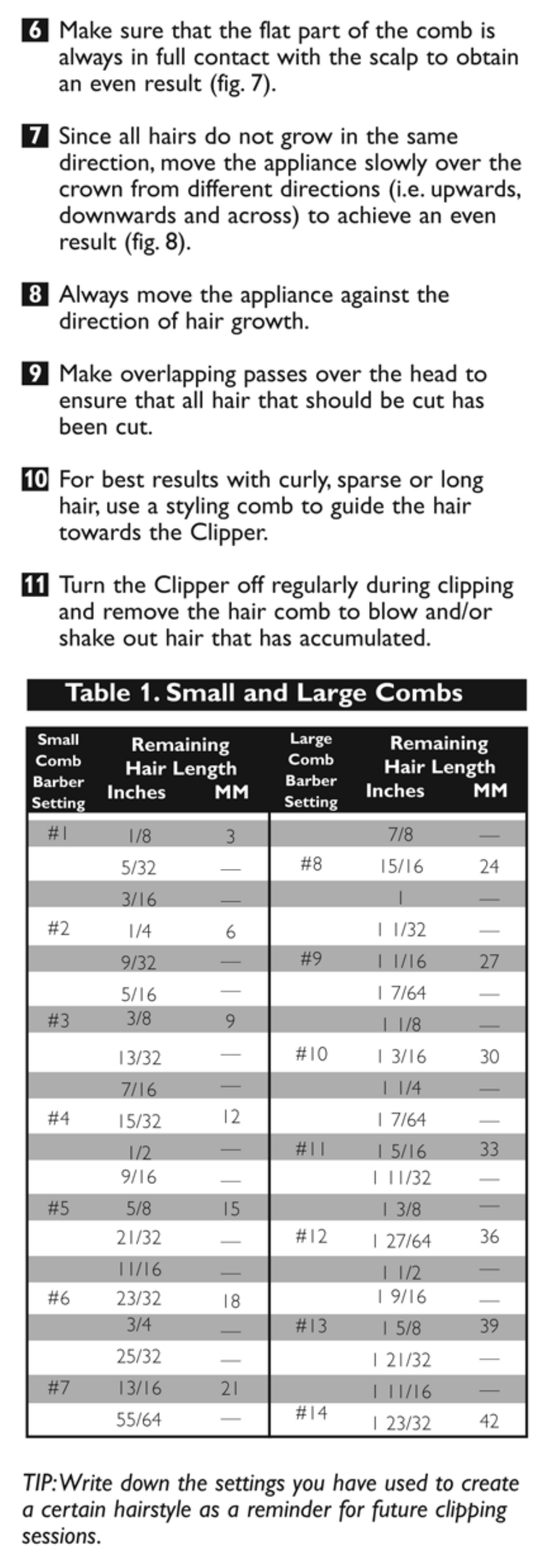 Table 1. small and large combs | Philips Hair clipper pro QC5350-80 With contour following comb User Manual | Page 6 / 9