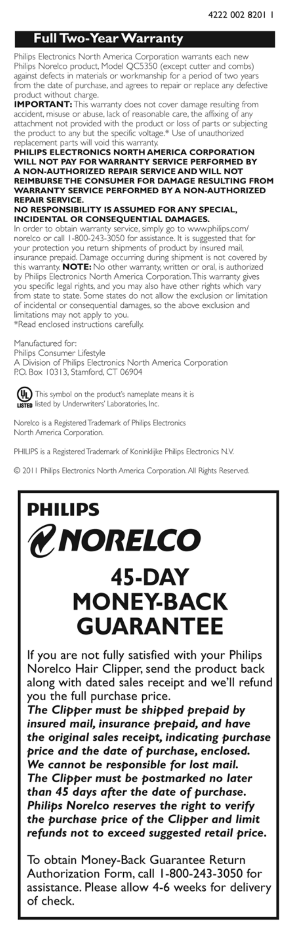 Norelco, Day money-back guarantee, Philips | Philips Hair clipper pro QC5350-80 With contour following comb User Manual | Page 9 / 9