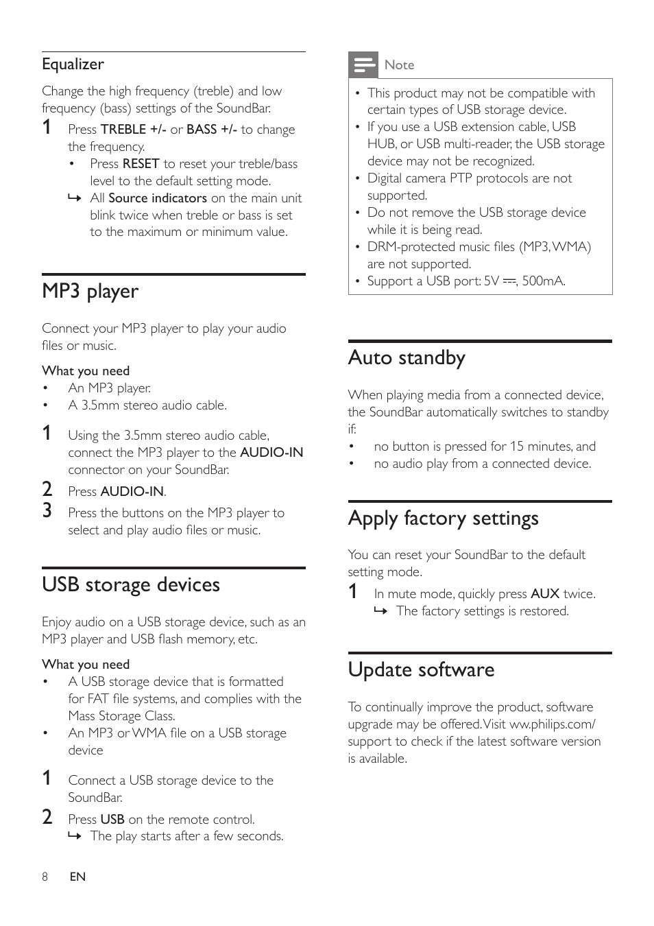 Mp3 player, Usb storage devices, Auto standby | Apply factory settings, Update software | Philips HTL2101A-F7 User Manual | Page 10 / 16