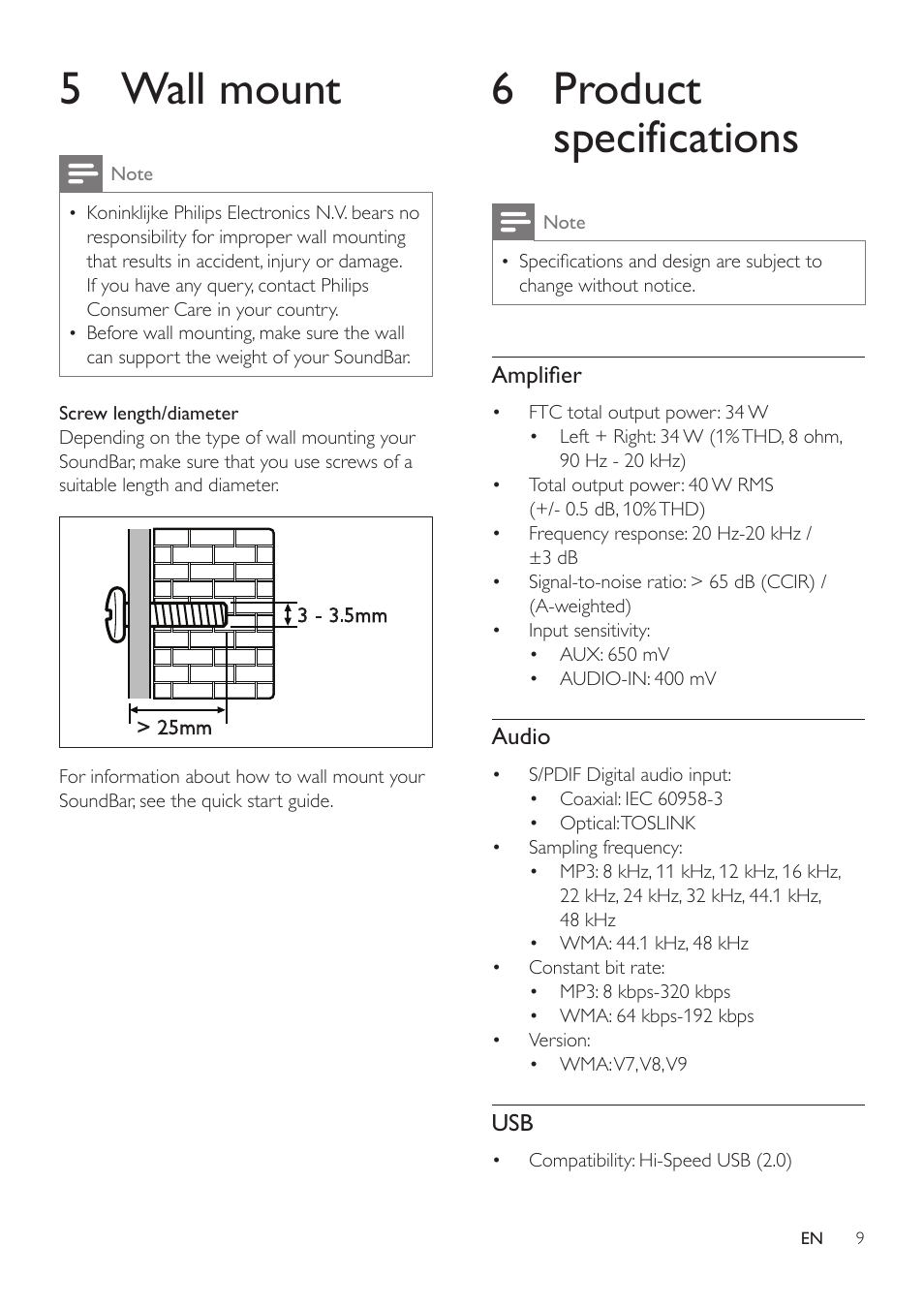 5 wall mount, 6 product specifications | Philips HTL2101A-F7 User Manual | Page 11 / 16