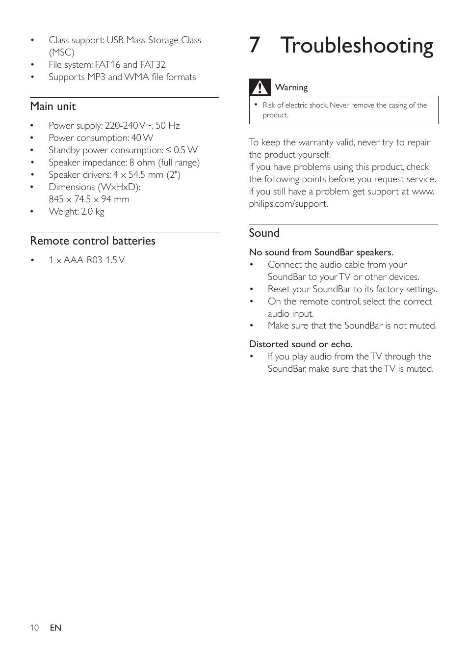 7 troubleshooting | Philips HTL2101A-F7 User Manual | Page 12 / 16