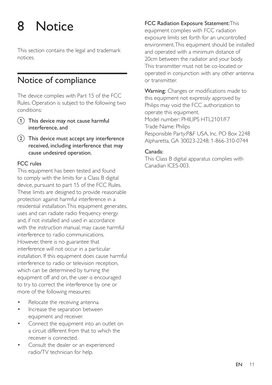 8 notice, Notice of compliance | Philips HTL2101A-F7 User Manual | Page 13 / 16