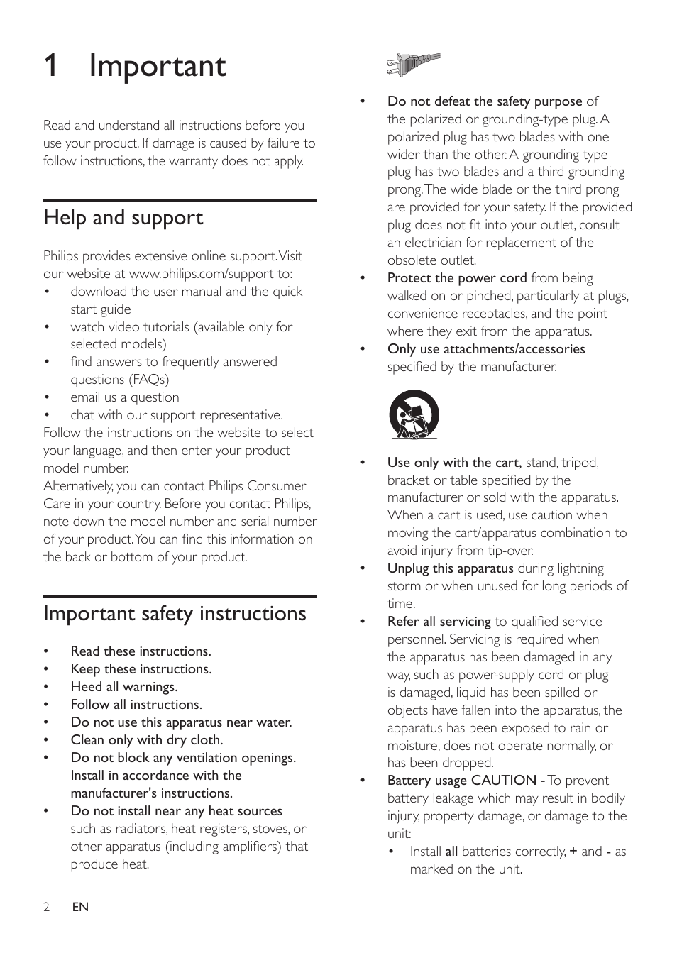 1 important, Help and support, Important safety instructions | Philips HTL2101A-F7 User Manual | Page 4 / 16