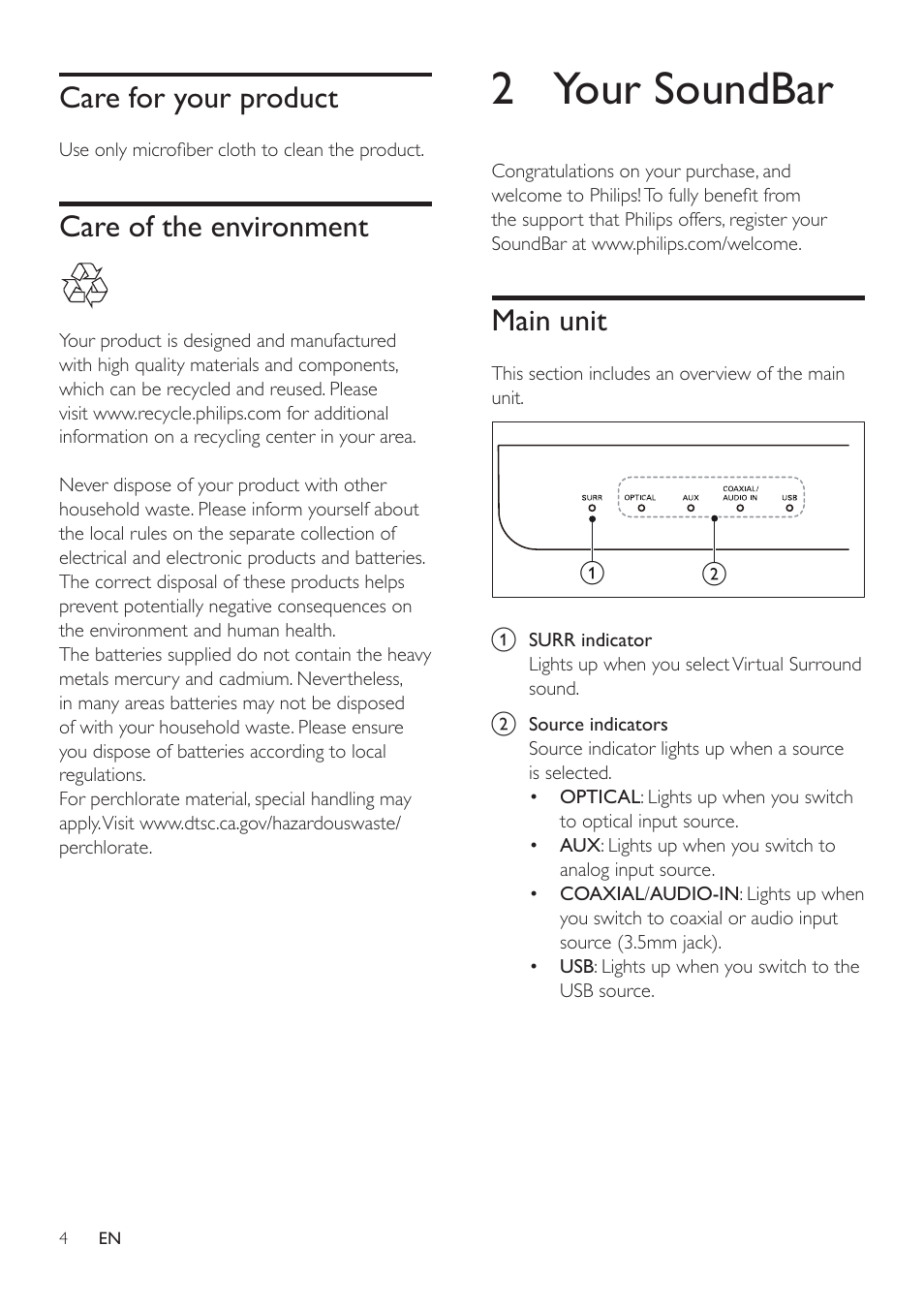 Care for your product, Care of the environment, 2 your soundbar | Main unit | Philips HTL2101A-F7 User Manual | Page 6 / 16