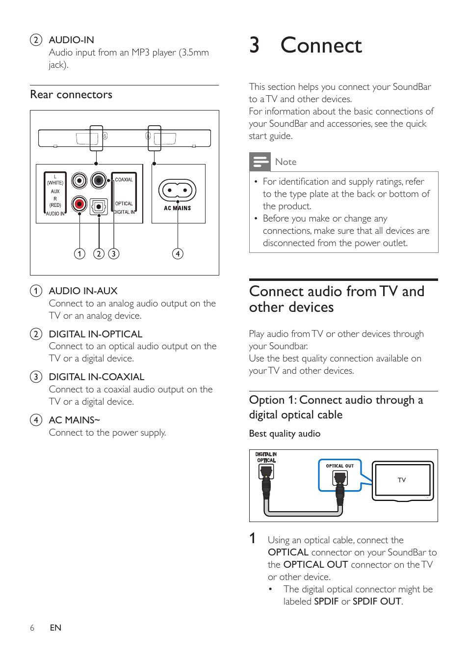 3 connect, Connect audio from tv and other devices, Connect audio from tv and other | Devices | Philips HTL2101A-F7 User Manual | Page 8 / 16