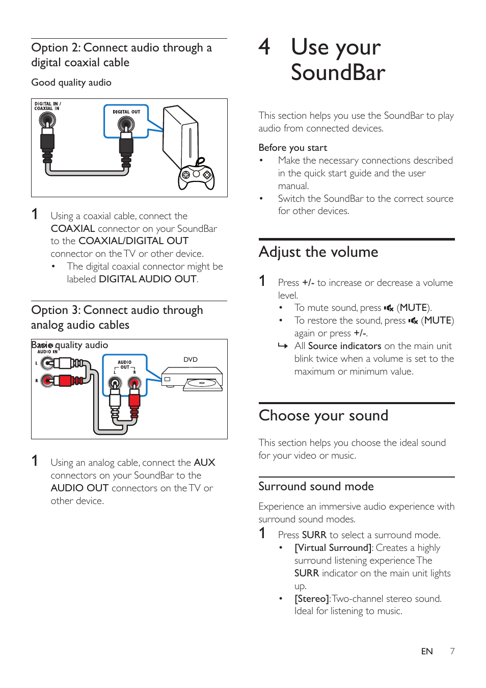 4 use your soundbar, Adjust the volume, Choose your sound | Adjust the volume 1 | Philips HTL2101A-F7 User Manual | Page 9 / 16