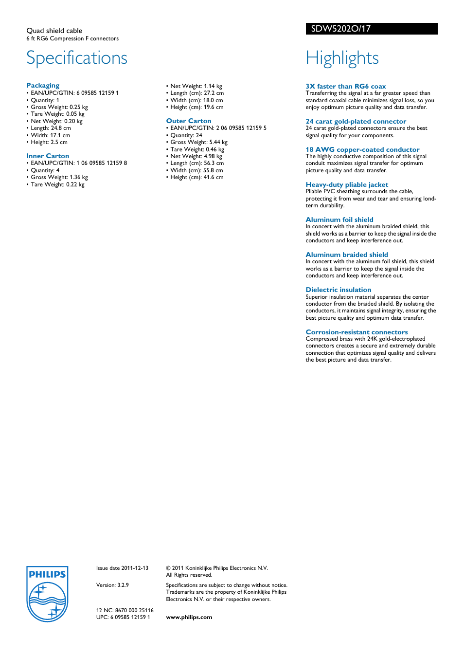 Specifications, Highlights | Philips SDW5202O-17 User Manual | Page 2 / 2