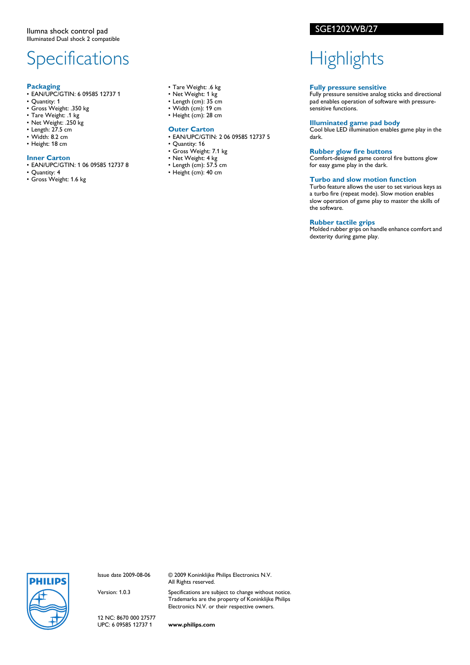 Specifications, Highlights | Philips SGE1202WB-27 User Manual | Page 2 / 2