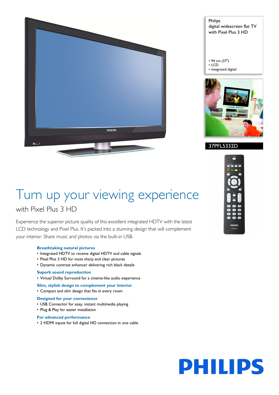 Philips digital widescreen flat TV 37PFL5332D 37" LCD integrated digital with Pixel Plus 3 HD User Manual | 3 pages
