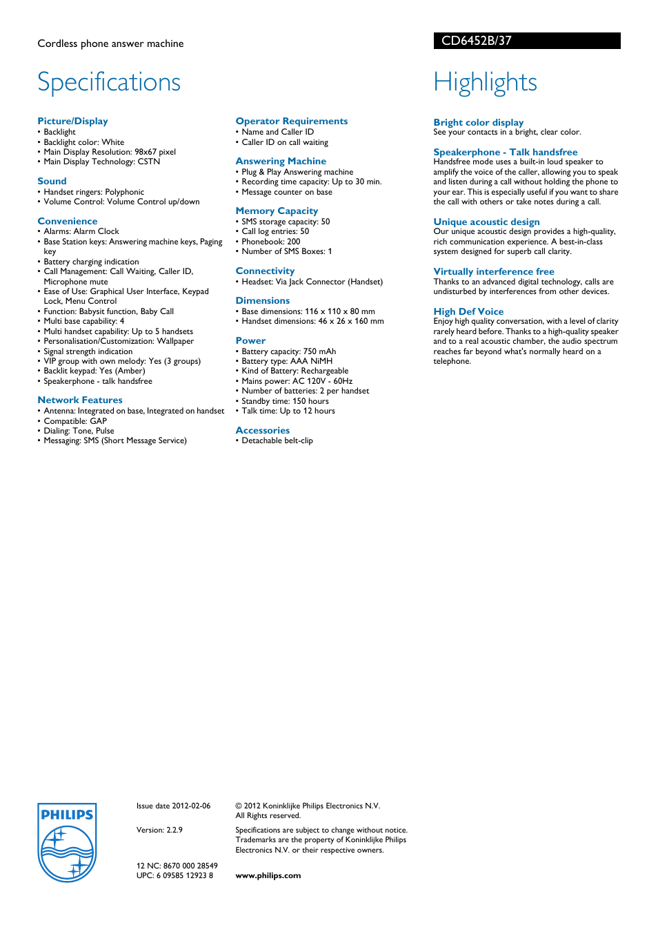 Specifications, Highlights | Philips CD6452B-37 User Manual | Page 2 / 2