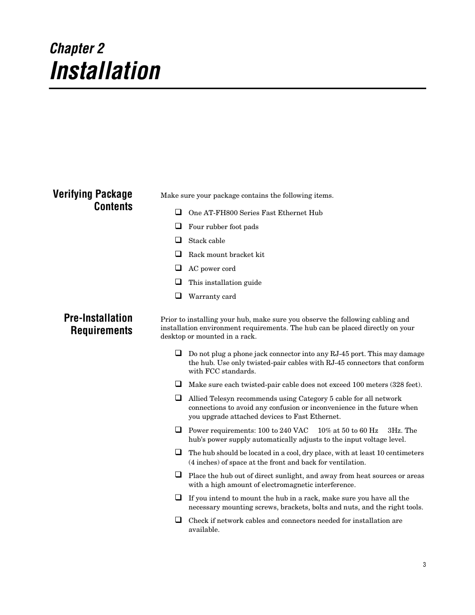 Chapter 2, Installation, Verifying package contents | Pre-installation requirements, Package contents pre-installation requirements | Allied Telesis AT FH824U AT-FH824U User Manual | Page 13 / 36