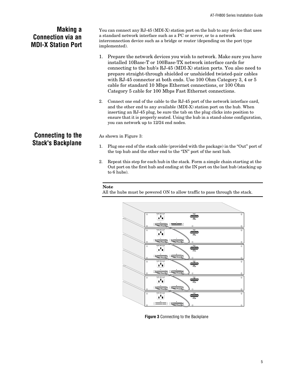 Making a connection via an mdi-x station port, Connecting to the stack's backplane | Allied Telesis AT FH824U AT-FH824U User Manual | Page 15 / 36