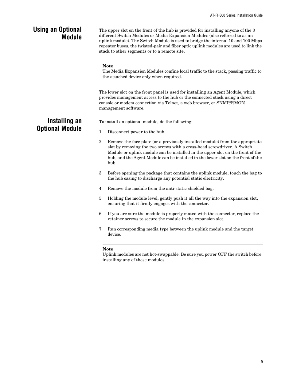 Using an optional module, Installing an optional module | Allied Telesis AT FH824U AT-FH824U User Manual | Page 19 / 36