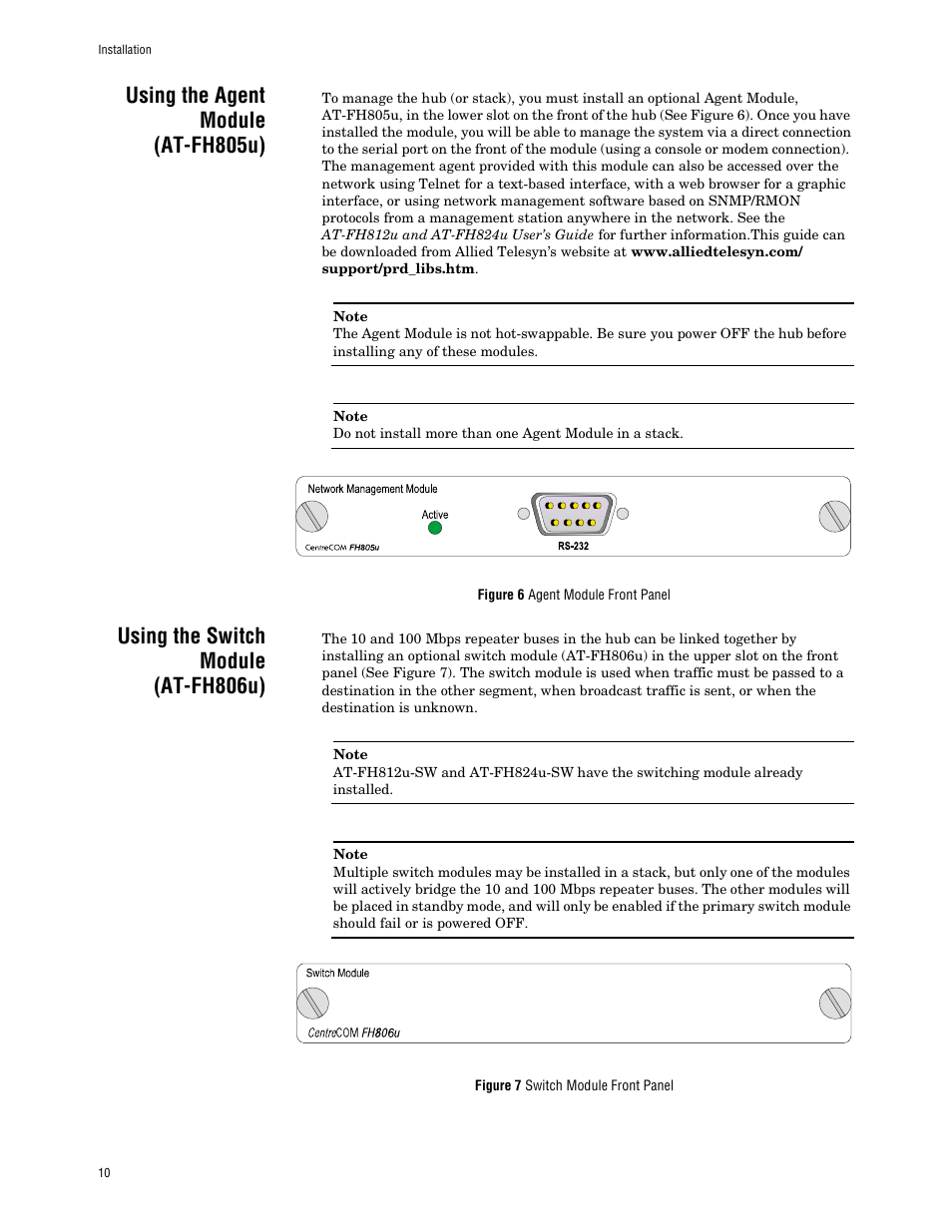 Using the agent module (at-fh805u), Using the switch module (at-fh806u) | Allied Telesis AT FH824U AT-FH824U User Manual | Page 20 / 36