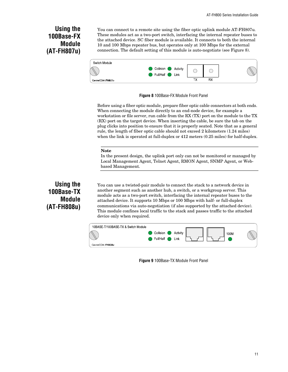 Using the 100base-fx module (at-fh807u), Using the 100base-tx module (at-fh808u) | Allied Telesis AT FH824U AT-FH824U User Manual | Page 21 / 36