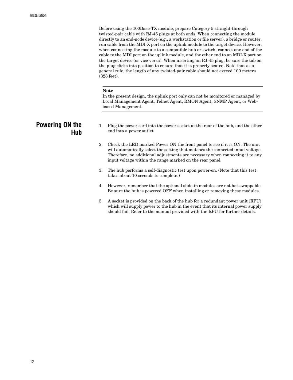 Powering on the hub | Allied Telesis AT FH824U AT-FH824U User Manual | Page 22 / 36