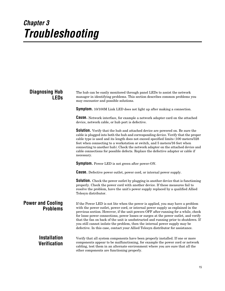 Chapter 3, Troubleshooting, Diagnosing hub leds | Power and cooling problems, Installation verification | Allied Telesis AT FH824U AT-FH824U User Manual | Page 25 / 36