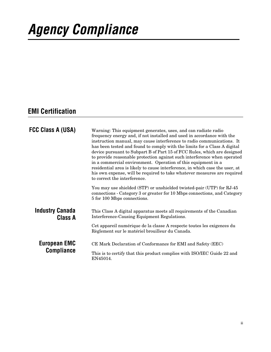 Agency compliance, Emi certification | Allied Telesis AT FH824U AT-FH824U User Manual | Page 3 / 36