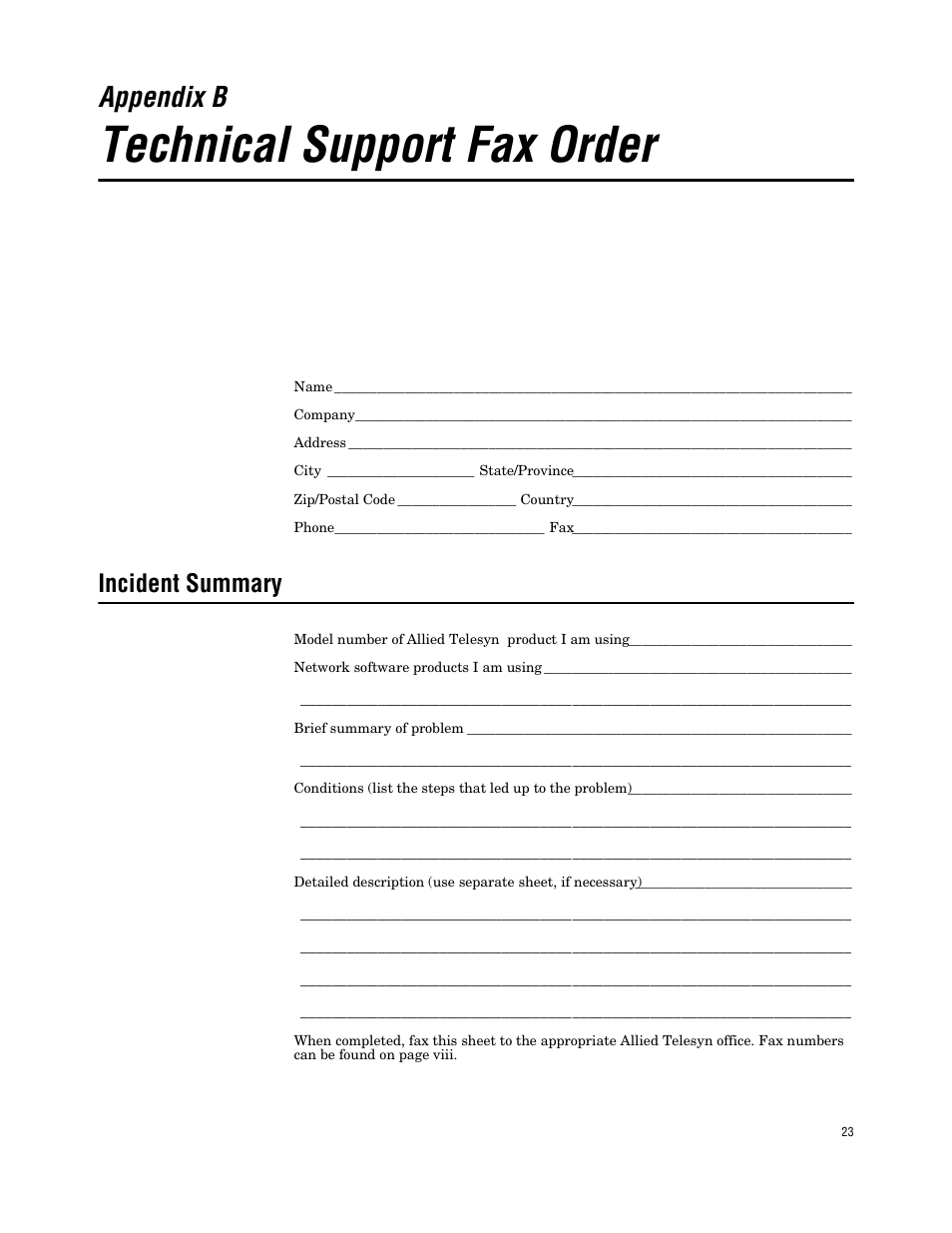 Appendix b, Technical support fax order, Incident summary | Allied Telesis AT FH824U AT-FH824U User Manual | Page 33 / 36