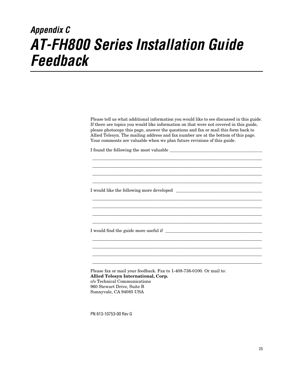 Appendix c, At-fh800 series installation guide feedback | Allied Telesis AT FH824U AT-FH824U User Manual | Page 35 / 36