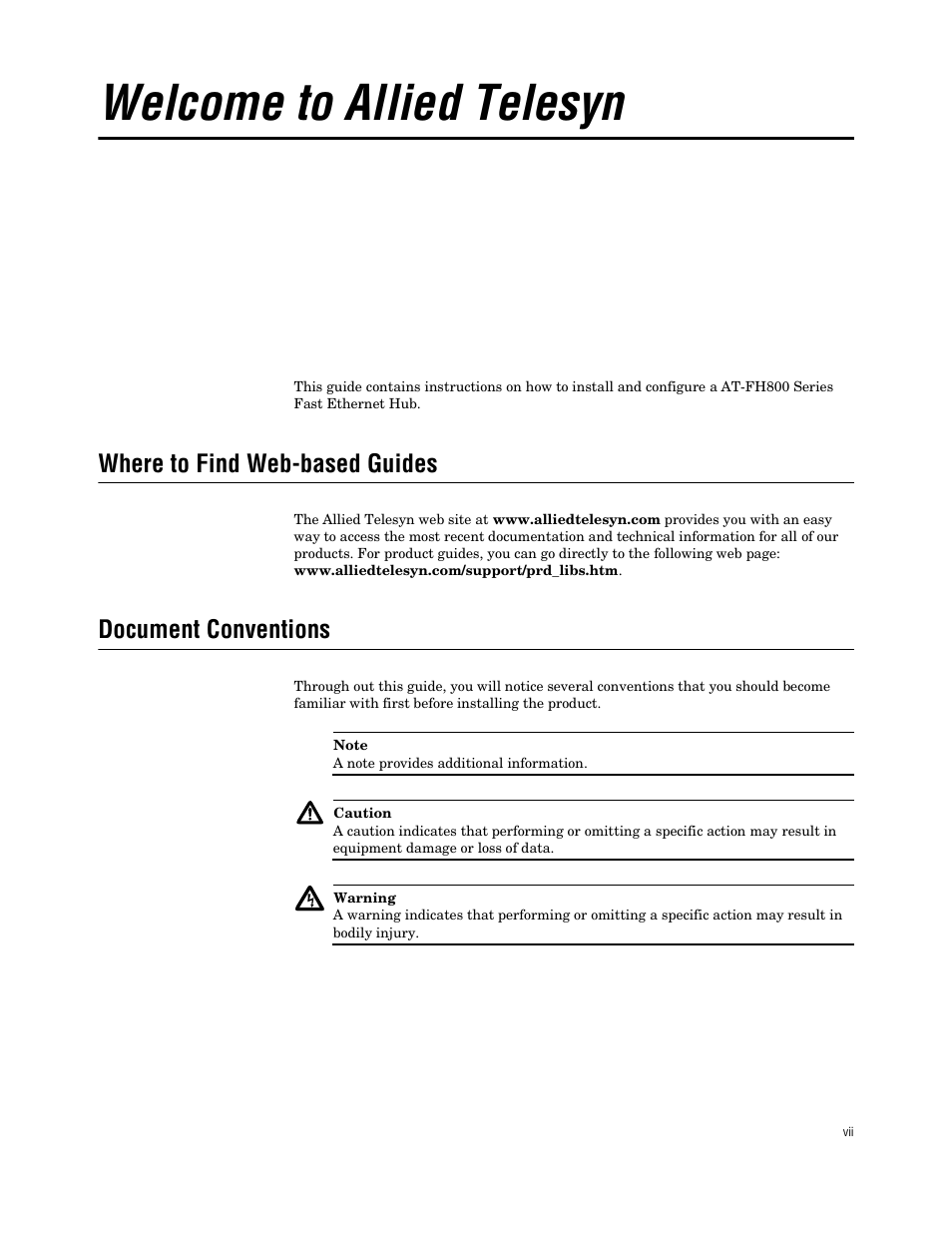 Welcome to allied telesyn, Where to find web-based guides, Document conventions | Allied Telesis AT FH824U AT-FH824U User Manual | Page 7 / 36
