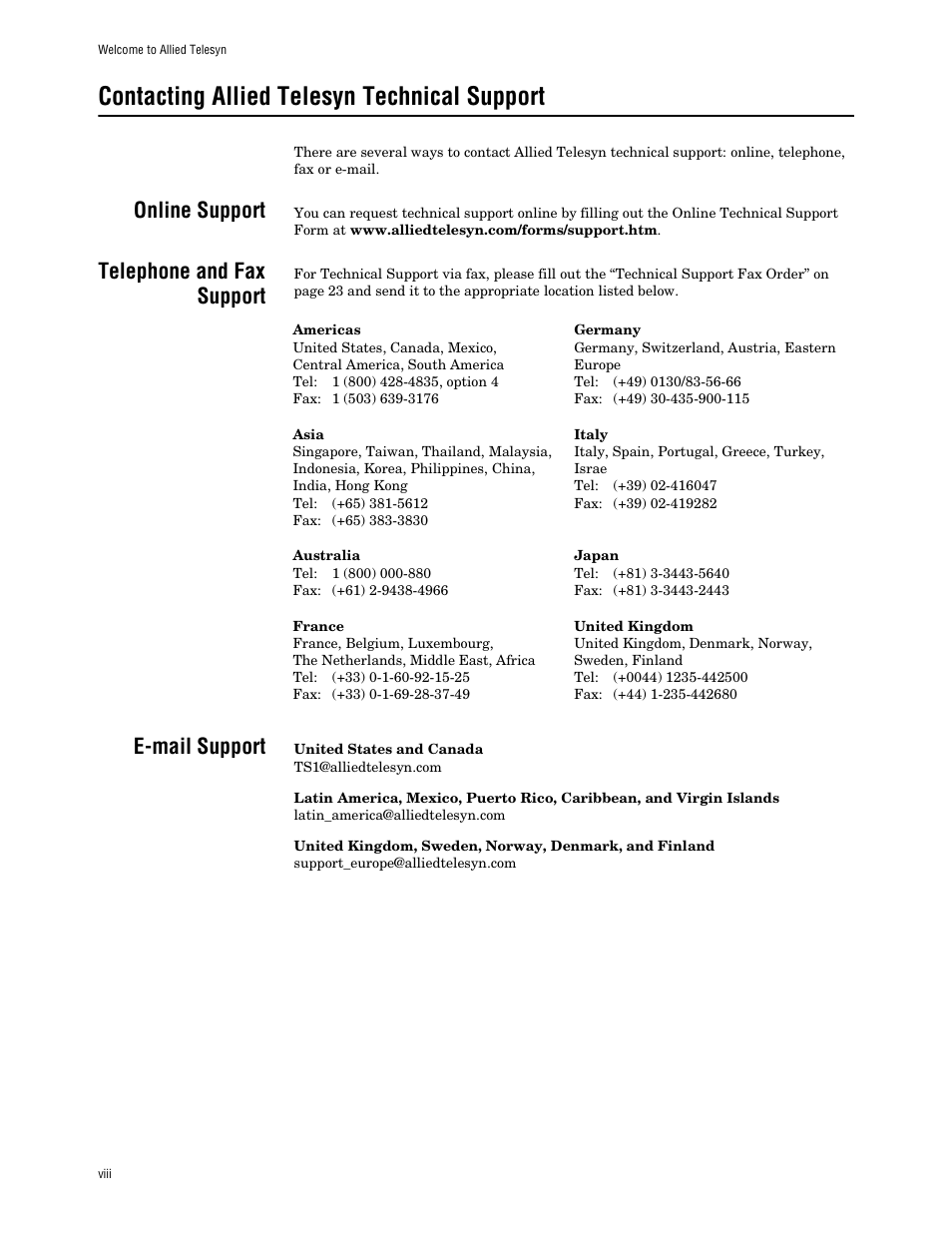 Contacting allied telesyn technical support, Online support, Telephone and fax support | E-mail support | Allied Telesis AT FH824U AT-FH824U User Manual | Page 8 / 36