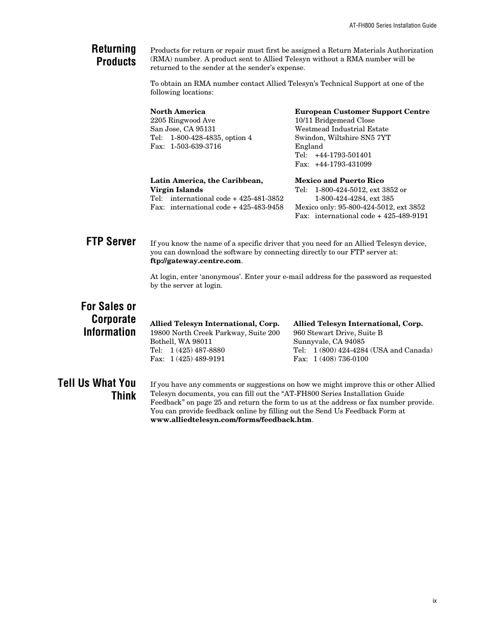 Returning products, Ftp server, For sales or corporate information | Tell us what you think | Allied Telesis AT FH824U AT-FH824U User Manual | Page 9 / 36