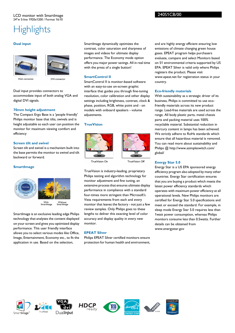Highlights | Philips 240S1CB-00 User Manual | Page 2 / 3
