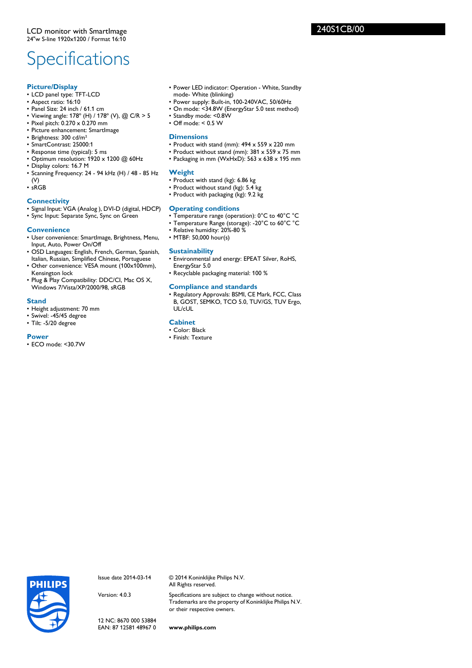 Specifications | Philips 240S1CB-00 User Manual | Page 3 / 3