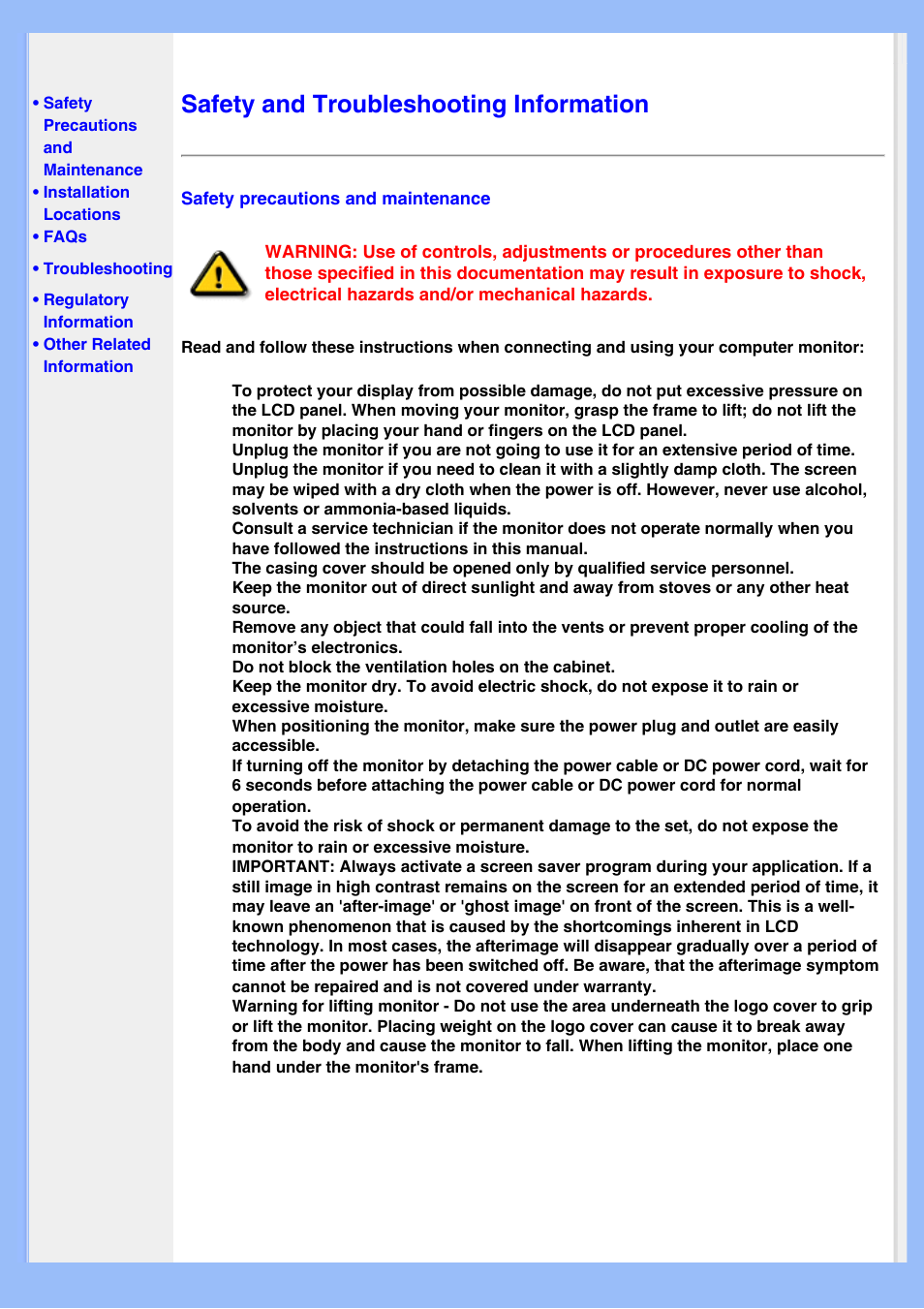 Safety and troubleshooting information | Philips 200BW8EB-27 User Manual | Page 2 / 86