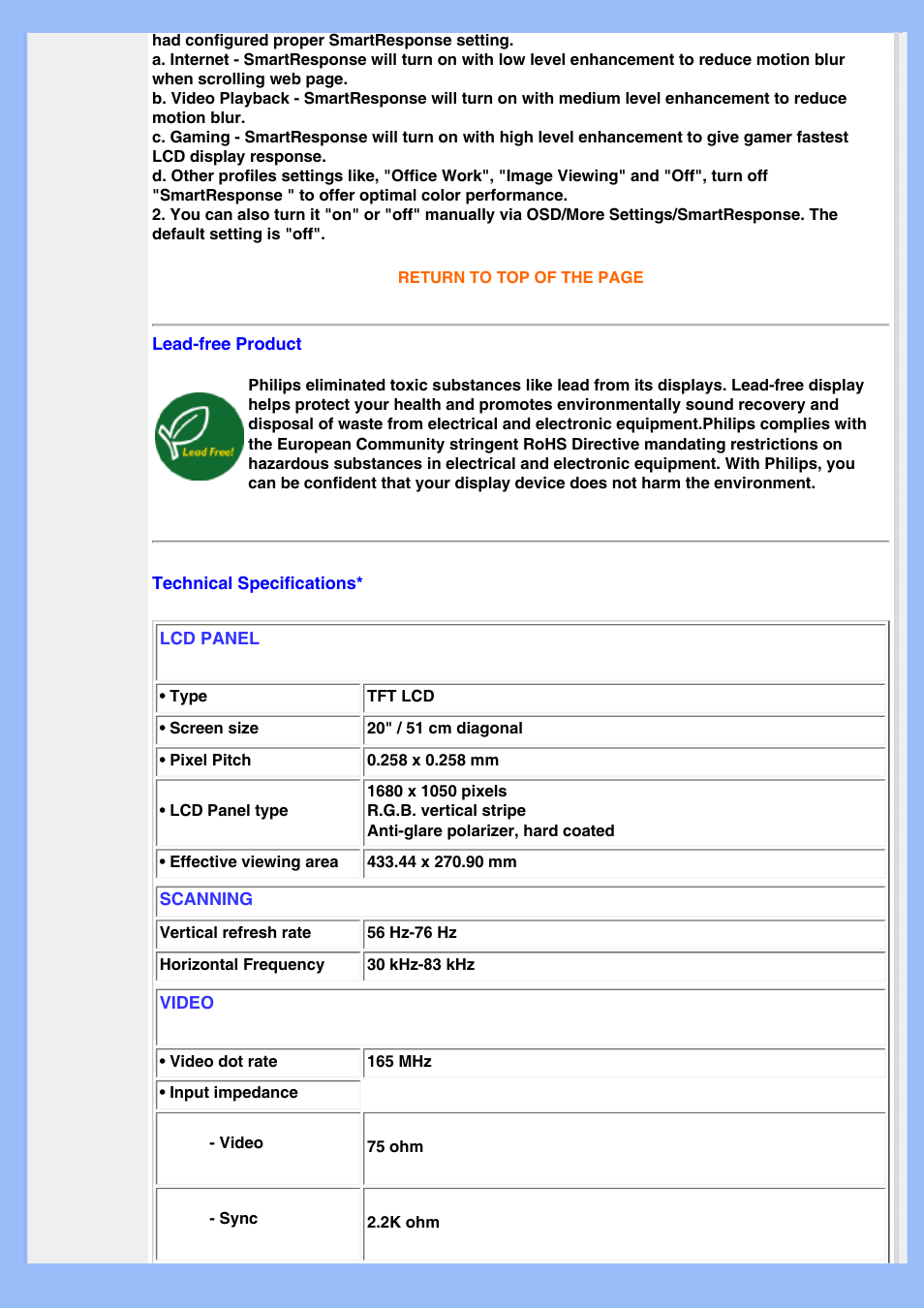 Lead-free, Product, Technical | Specifications | Philips 200BW8EB-27 User Manual | Page 28 / 86