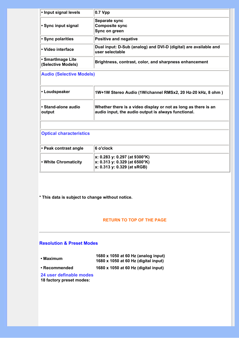 Resolution, Preset modes | Philips 200BW8EB-27 User Manual | Page 29 / 86