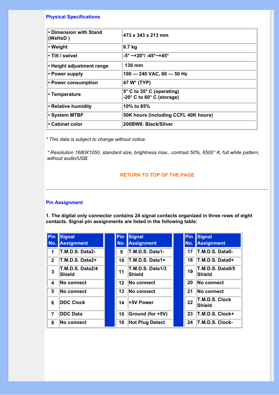 Physical, Specification | Philips 200BW8EB-27 User Manual | Page 31 / 86