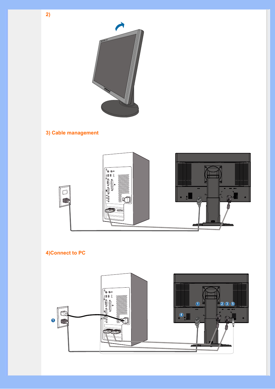 2) 3) cable management 4)connect to pc | Philips 200BW8EB-27 User Manual | Page 46 / 86