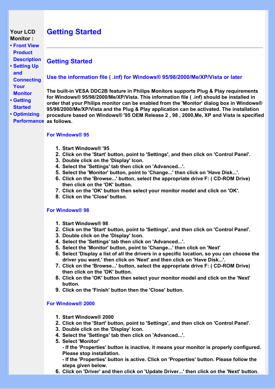 Getting, Started, Getting started | Philips 200BW8EB-27 User Manual | Page 48 / 86