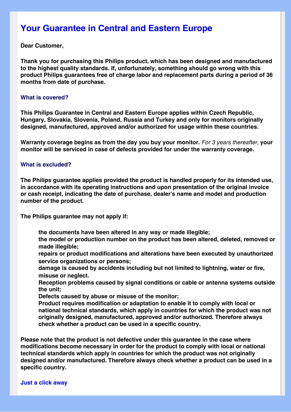 Your guarantee in central and eastern europe, Czech republic, Hungary | Poland, Russia, Slovakia, Slovenia, Turkey | Philips 200BW8EB-27 User Manual | Page 60 / 86