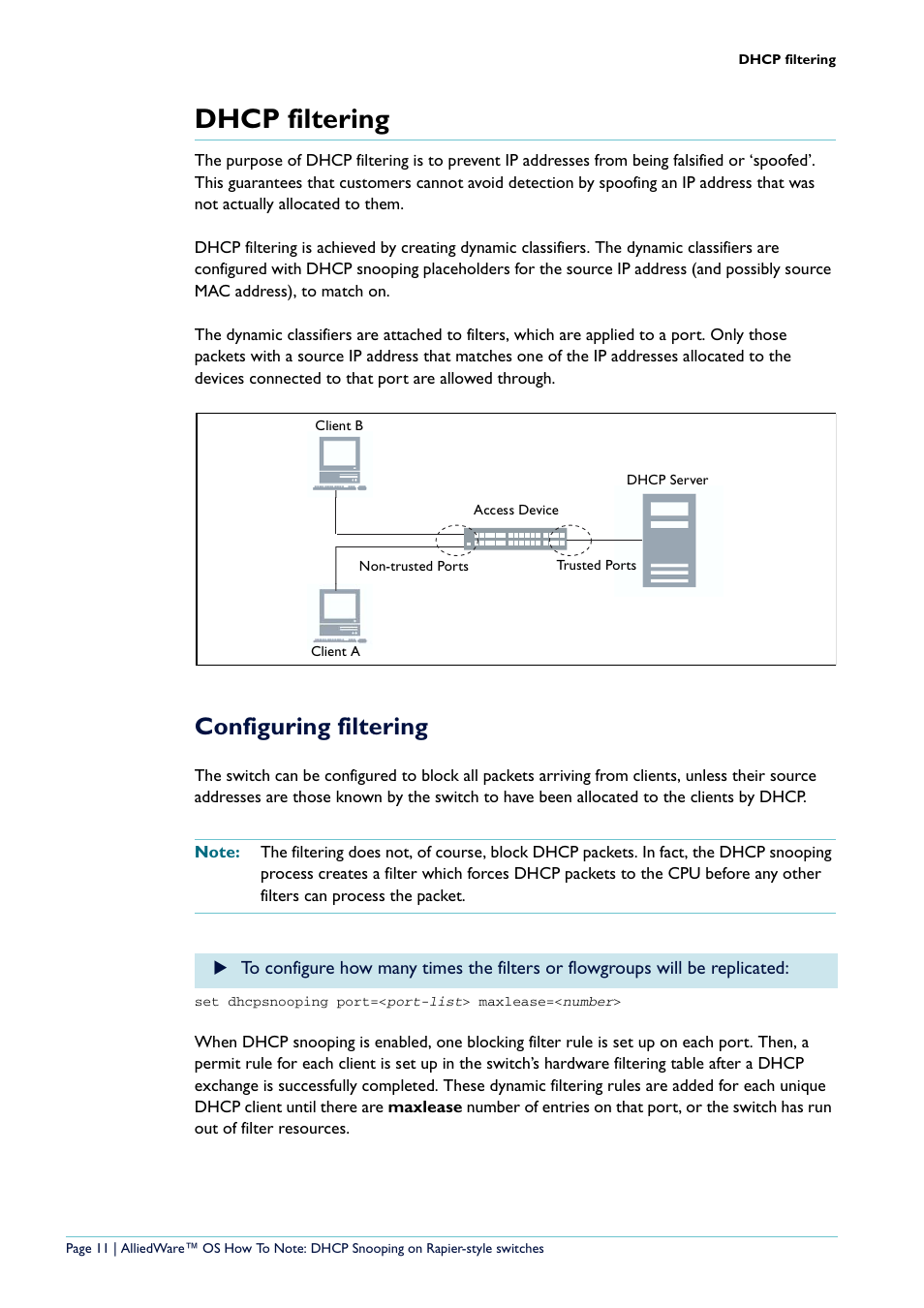 Dhcp filtering, Configuring filtering | Allied Telesis Rapier i Series User Manual | Page 11 / 26