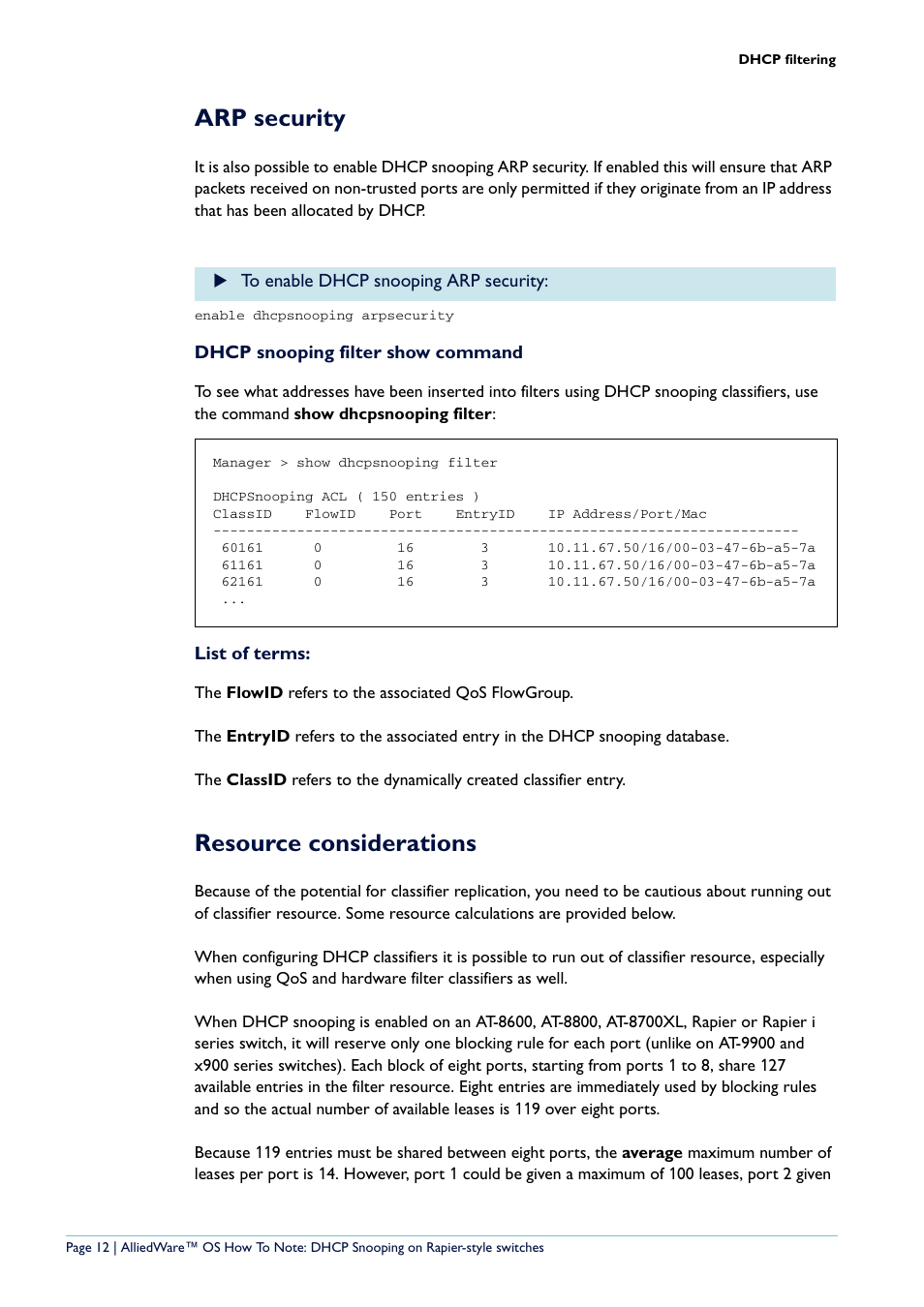 Arp security, Resource considerations | Allied Telesis Rapier i Series User Manual | Page 12 / 26