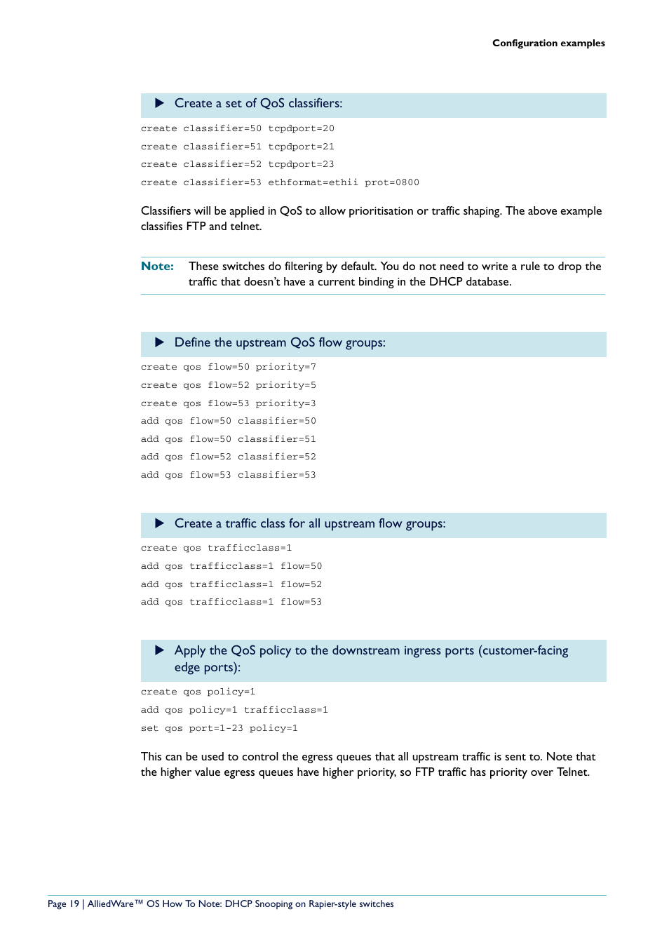 Create a set of qos classifiers, Define the upstream qos flow groups | Allied Telesis Rapier i Series User Manual | Page 19 / 26