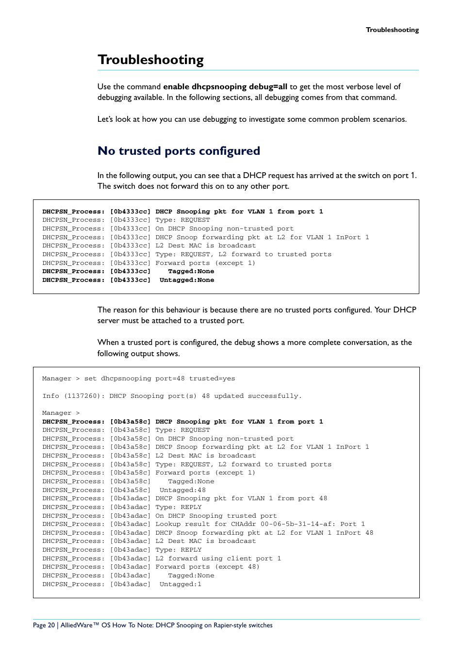 Troubleshooting, No trusted ports configured | Allied Telesis Rapier i Series User Manual | Page 20 / 26