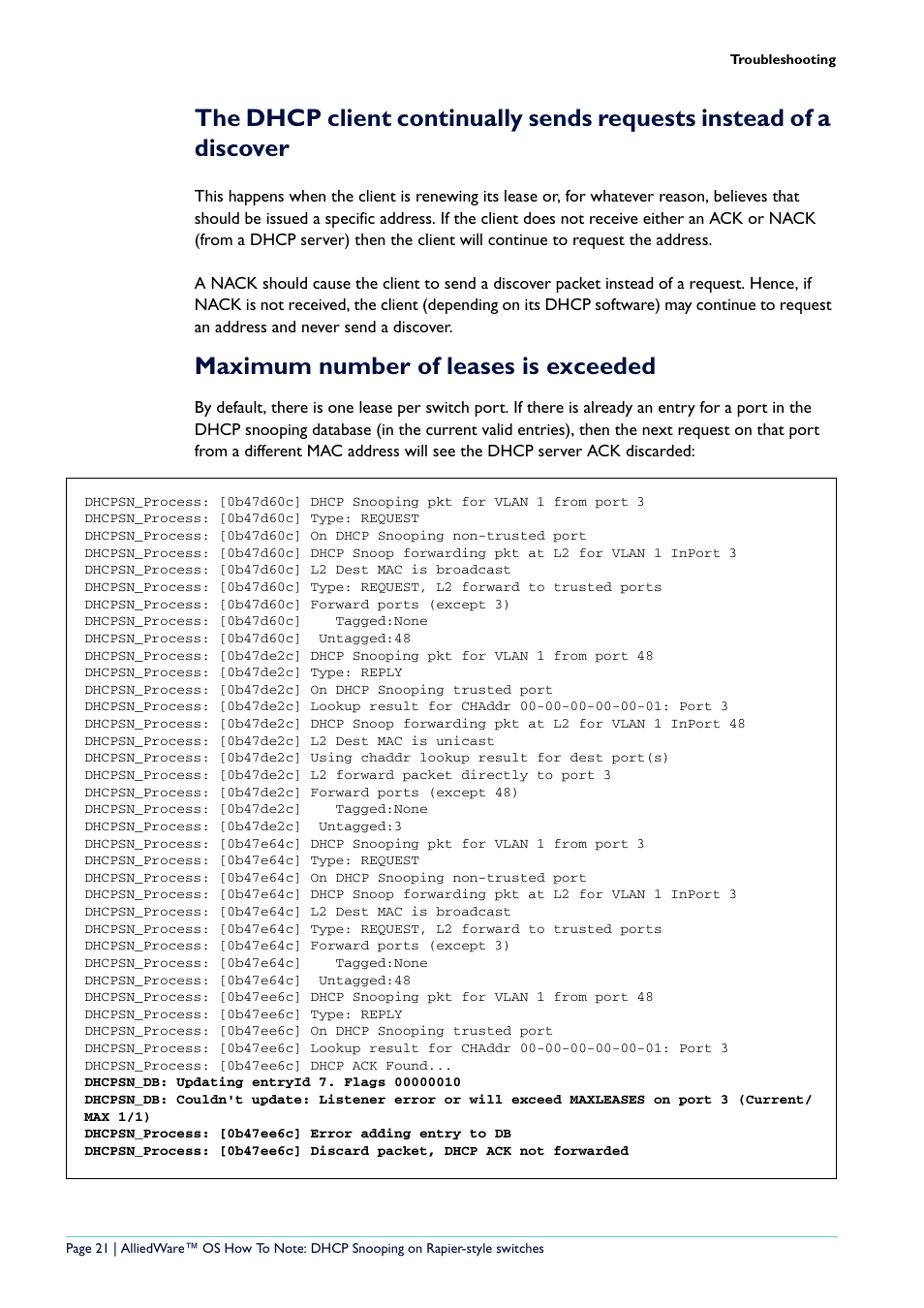 Maximum number of leases is exceeded | Allied Telesis Rapier i Series User Manual | Page 21 / 26