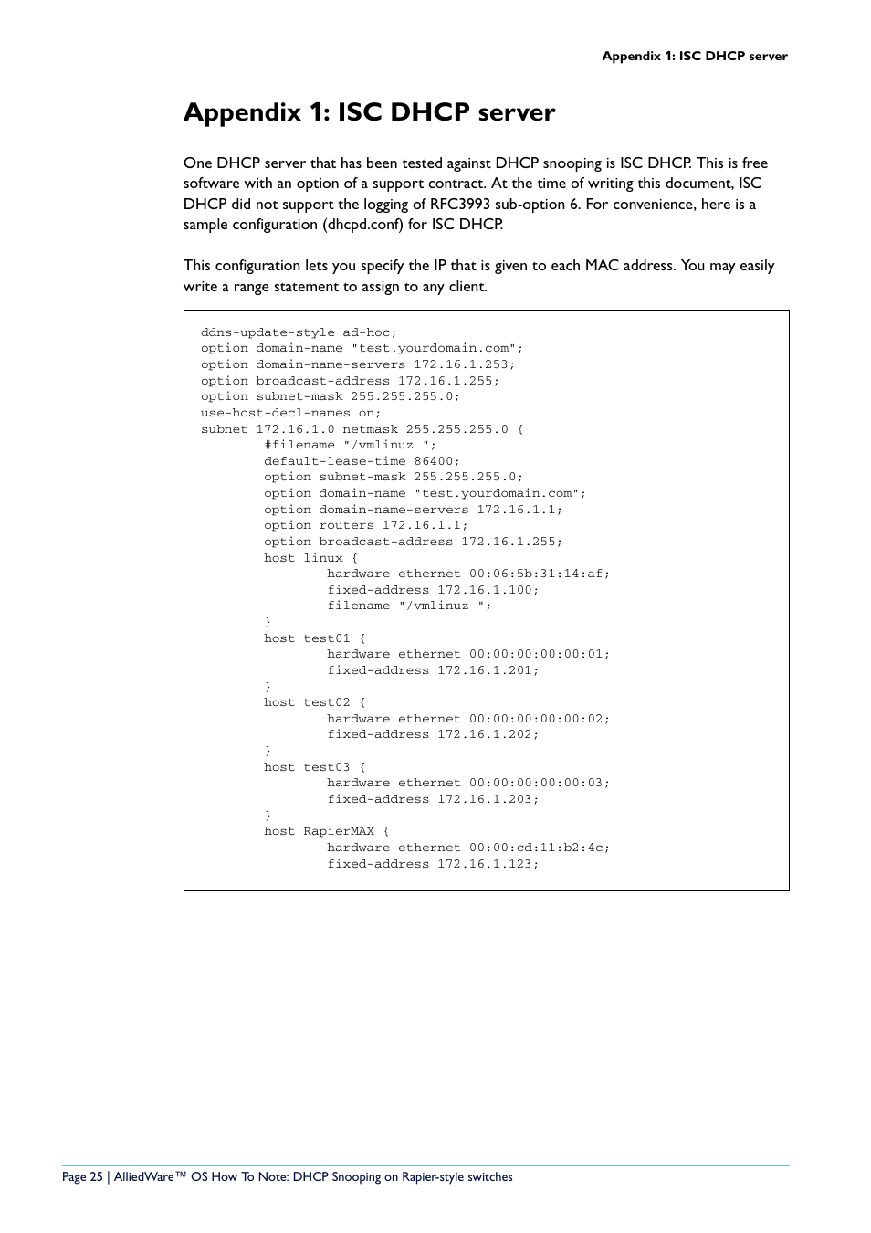 Appendix 1: isc dhcp server, Appendix, Isc dhcp server | Allied Telesis Rapier i Series User Manual | Page 25 / 26