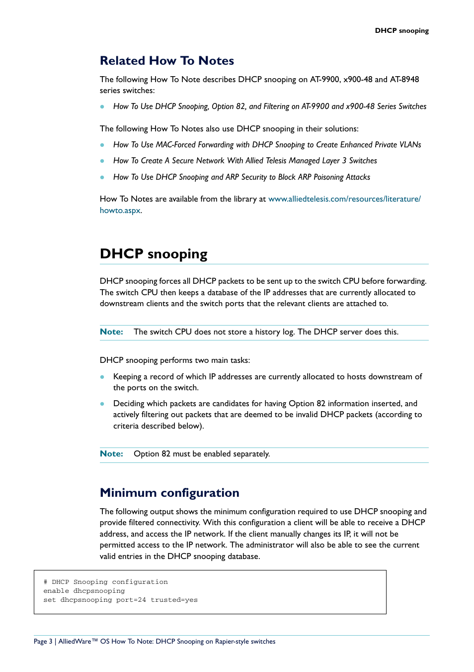 Related how to notes, Dhcp snooping, Minimum configuration | Allied Telesis Rapier i Series User Manual | Page 3 / 26