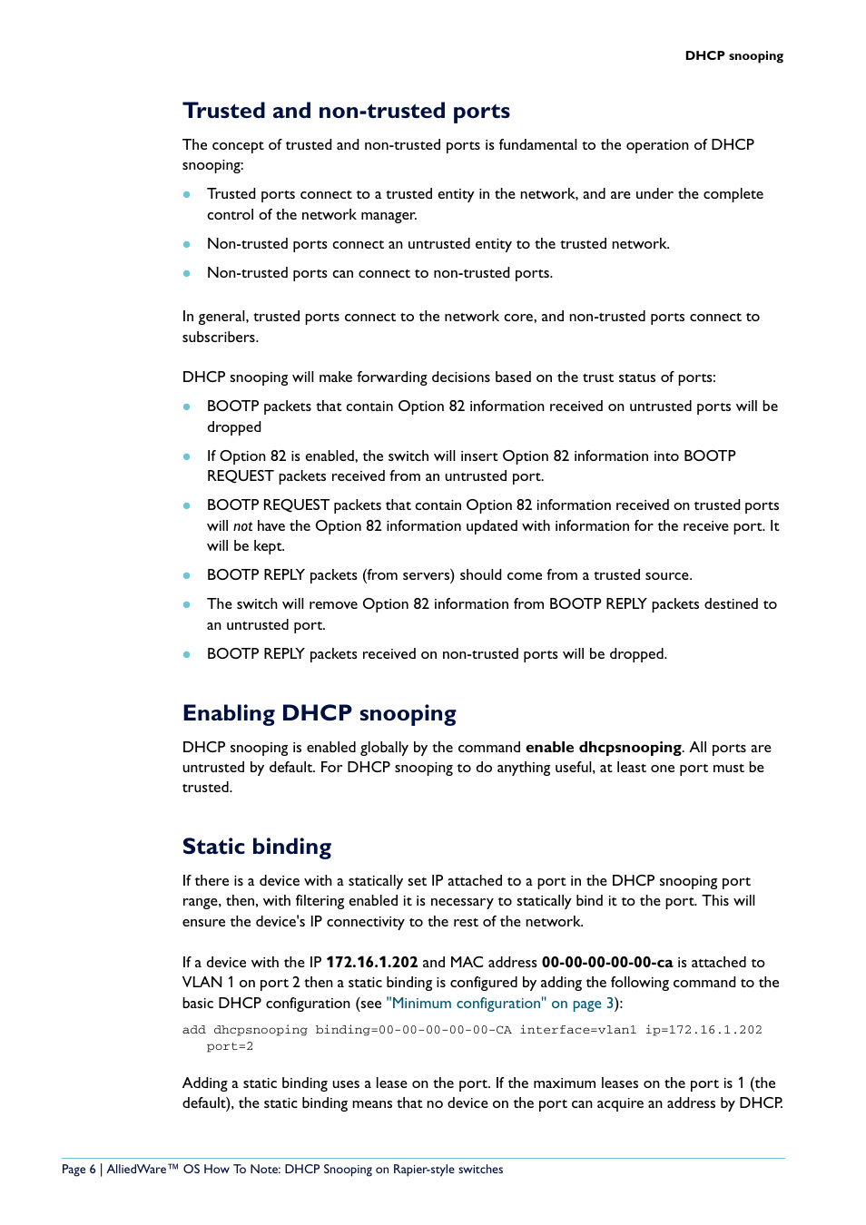 Trusted and non-trusted ports, Enabling dhcp snooping, Static binding | Allied Telesis Rapier i Series User Manual | Page 6 / 26