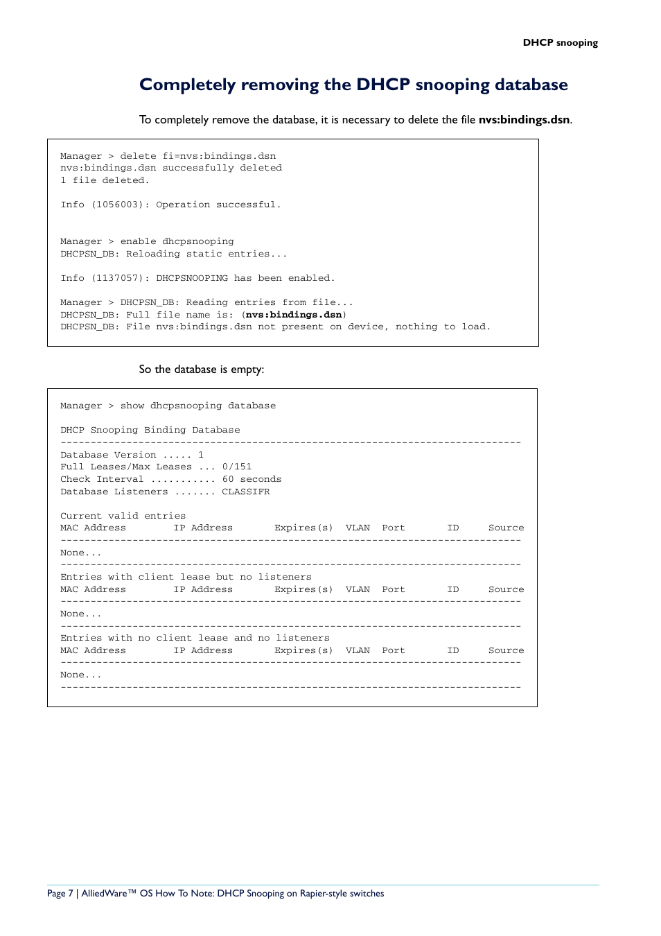 Completely removing the dhcp snooping database | Allied Telesis Rapier i Series User Manual | Page 7 / 26