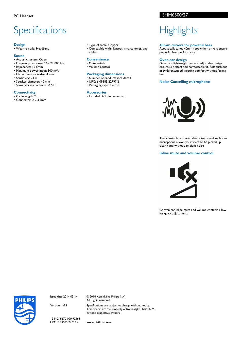 Specifications, Highlights | Philips PC Headset SHM6500 User Manual | Page 2 / 2