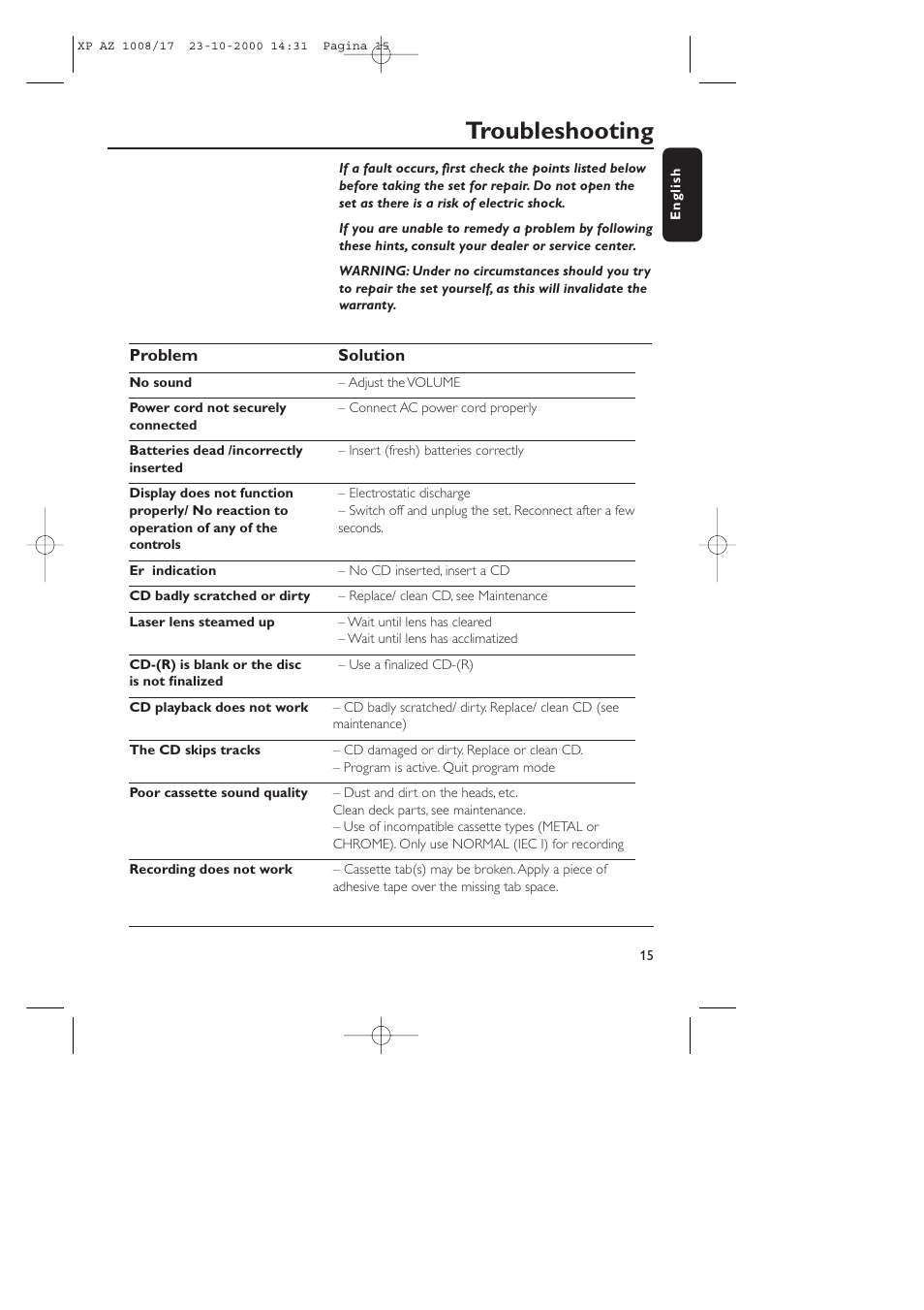 Troubleshooting | Philips AZ1013 User Manual | Page 10 / 10
