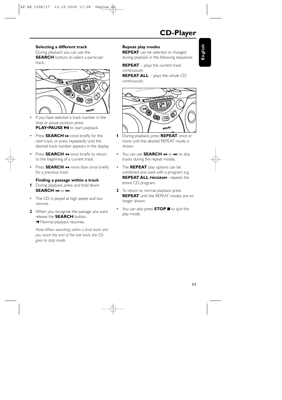 Cd-player, 11 english, Play stop • ope n paus e sear ch sear ch | Philips AZ1013 User Manual | Page 6 / 10