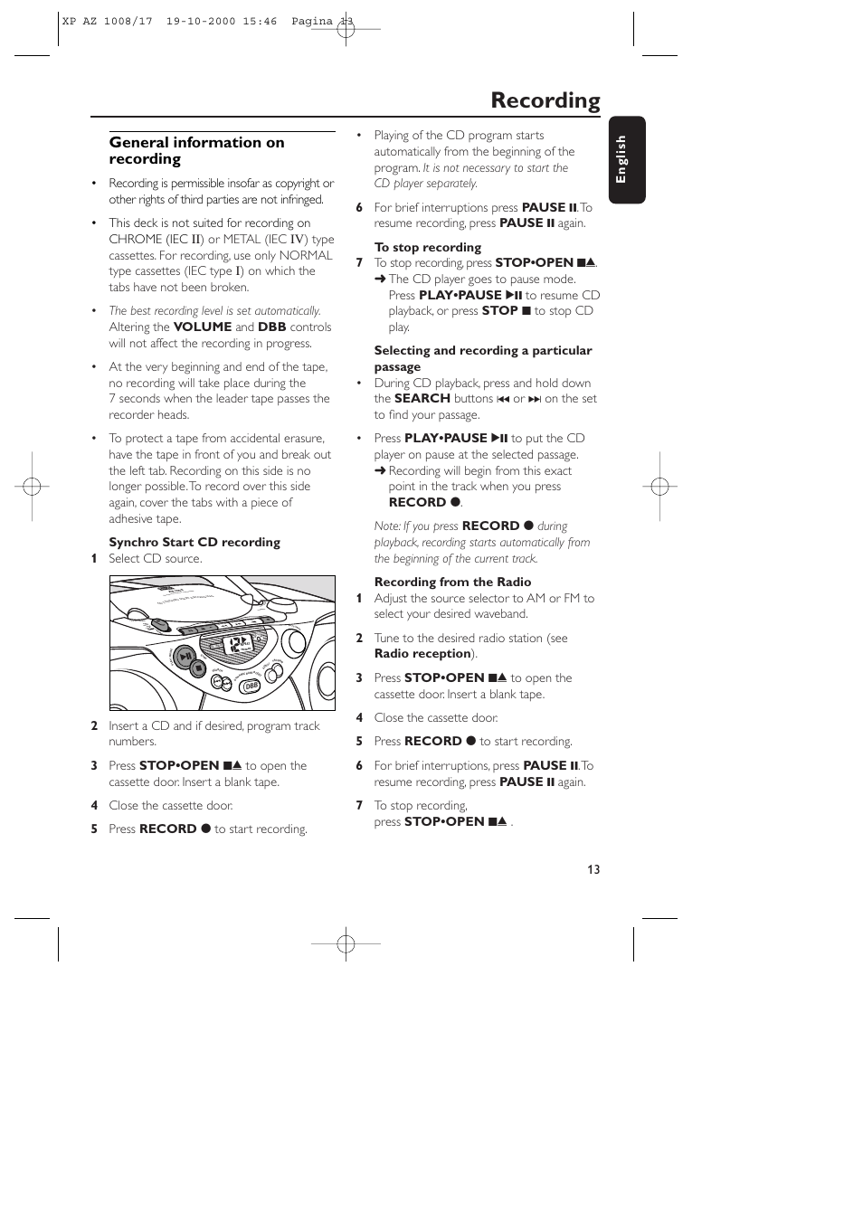 Recording, General information on recording, 13 english | Play stop • ope n paus e sear ch sear ch | Philips AZ1013 User Manual | Page 8 / 10
