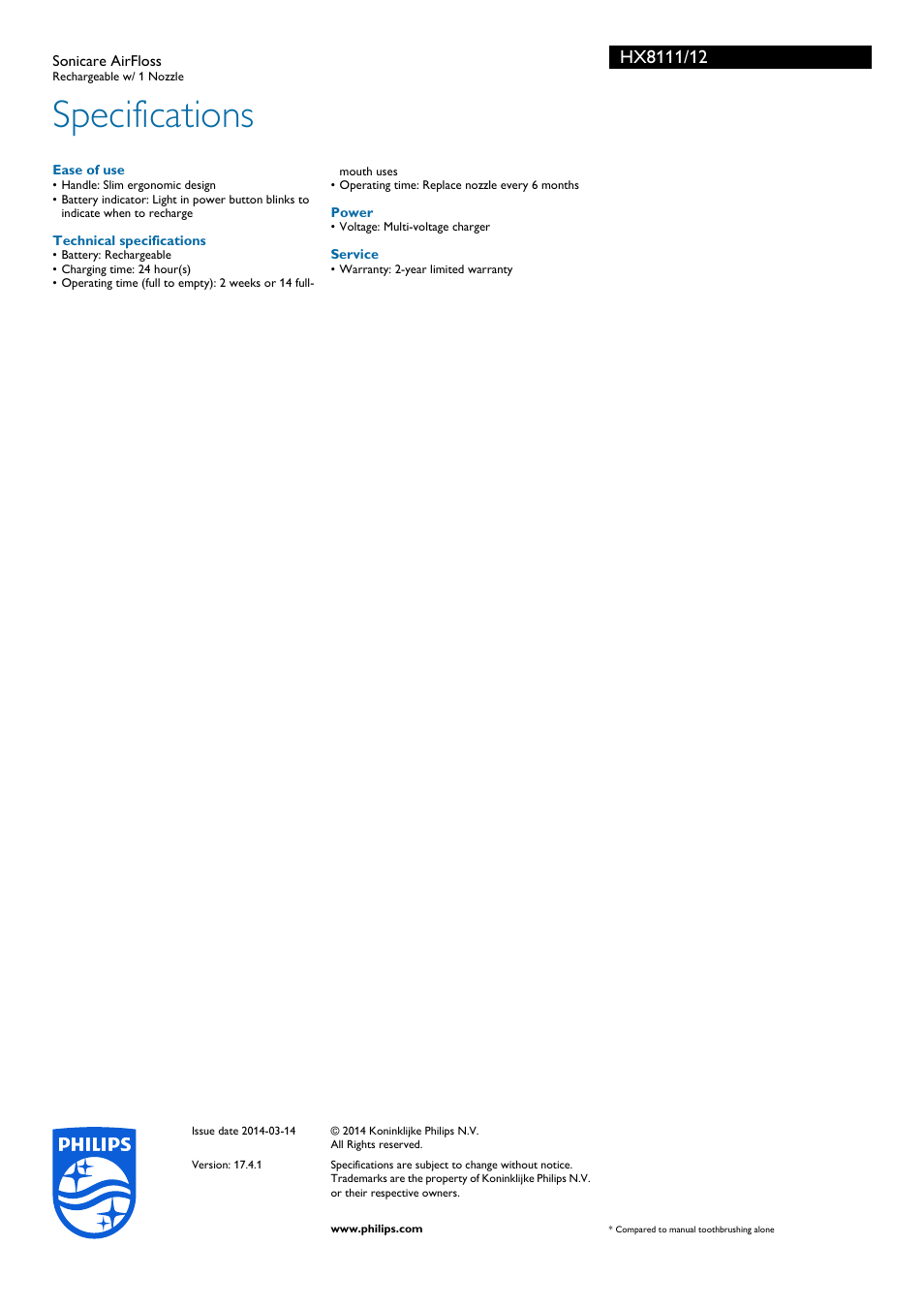 Specifications | Philips HX8111-12 User Manual | Page 3 / 3